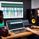 A group of diverse musicians collaborating in a modern recording studio, focused on a laptop displaying music production software, symbolizing teamwork, innovation, and career advancement.