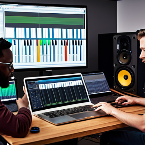 Home 20 A group of diverse musicians collaborating in a modern recording studio, focused on a laptop displaying music production software, symbolizing teamwork, innovation, and career advancement.