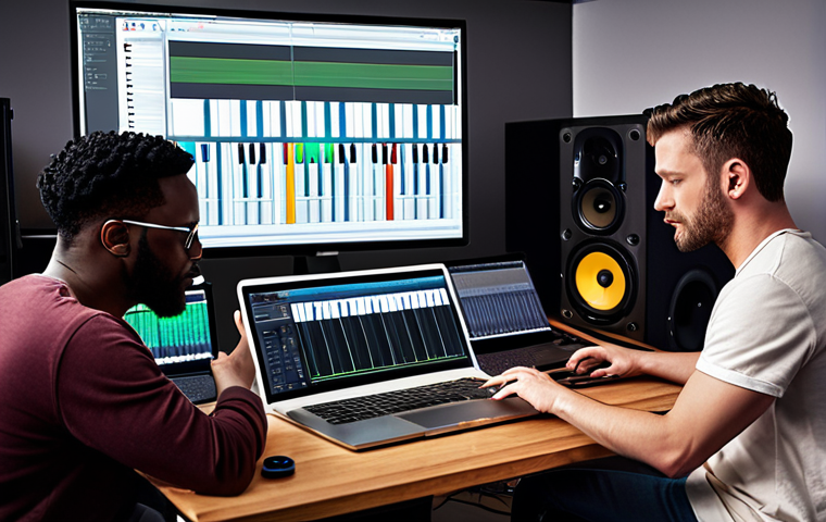 A group of diverse musicians collaborating in a modern recording studio, focused on a laptop displaying music production software, symbolizing teamwork, innovation, and career advancement.