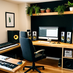 Cozy Home Recording Studio**

"A comfortable home recording studio bathed in warm, natural light, safe for work, fully clothed.  A musician sits at a desk with a computer and musical equipment, surrounded by plants and well-organized shelves. The studio features soundproofing panels and comfortable furniture. Appropriate content, professional setting, perfect anatomy, natural proportions, high quality, modest."

**