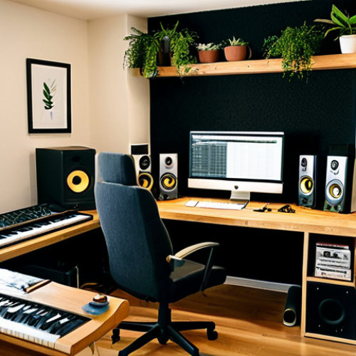 Home 18 Cozy Home Recording Studio**
"A comfortable home recording studio bathed in warm, natural light, safe for work, fully clothed. A musician sits at a desk with a computer and musical equipment, surrounded by plants and well-organized shelves. The studio features soundproofing panels and comfortable furniture. Appropriate content, professional setting, perfect anatomy, natural proportions, high quality, modest."
**