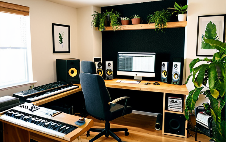 Cozy Home Recording Studio**

"A comfortable home recording studio bathed in warm, natural light, safe for work, fully clothed.  A musician sits at a desk with a computer and musical equipment, surrounded by plants and well-organized shelves. The studio features soundproofing panels and comfortable furniture. Appropriate content, professional setting, perfect anatomy, natural proportions, high quality, modest."

**