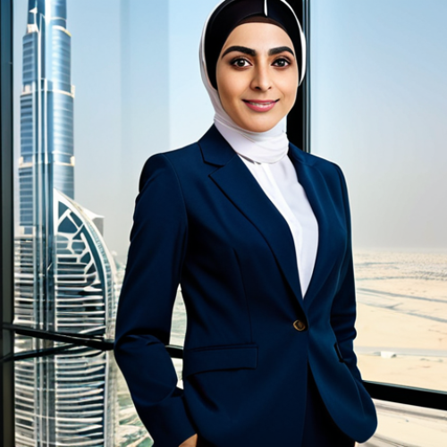 Home 9 **
"A professional Arab businesswoman in a modest, tailored business suit, standing confidently in a modern office with Dubai skyline visible through the window, fully clothed, appropriate attire, safe for work, perfect anatomy, natural proportions, professional photography, high quality, family-friendly."
**