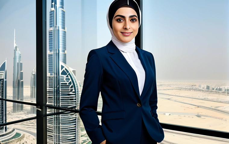 **

"A professional Arab businesswoman in a modest, tailored business suit, standing confidently in a modern office with Dubai skyline visible through the window, fully clothed, appropriate attire, safe for work, perfect anatomy, natural proportions, professional photography, high quality, family-friendly."

**