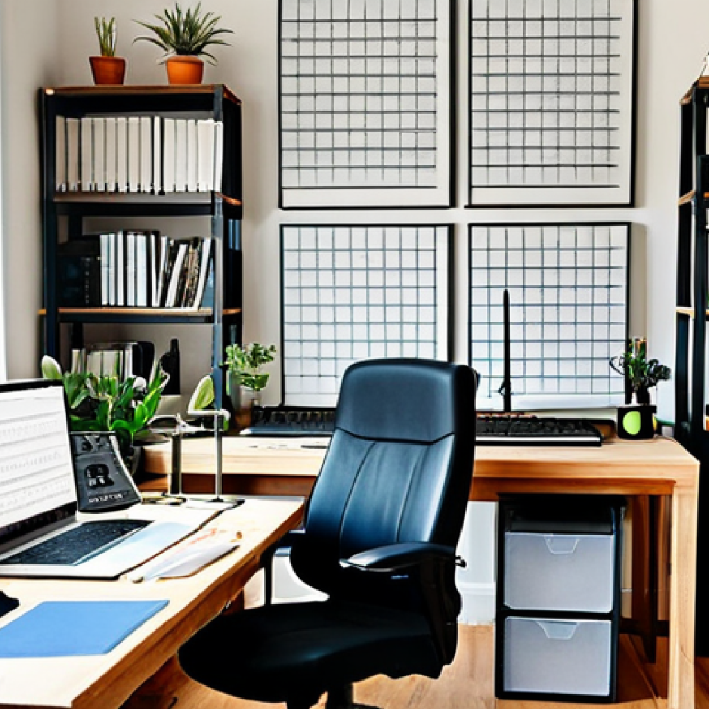 작곡가의 창작 기반 시설 관리 - Inspiring Workspace**

"A bright and airy music studio, desk with organized tools, natural light str...