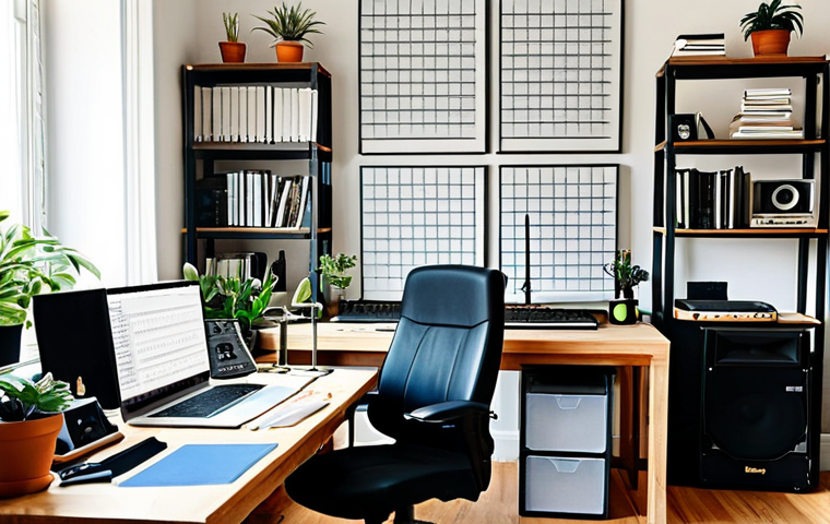 작곡가의 창작 기반 시설 관리 - Inspiring Workspace**
"A bright and airy music studio, desk with organized tools, natural light str...