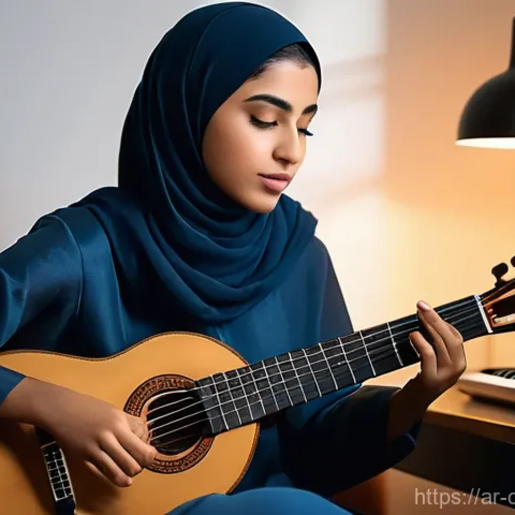 작곡가의 온라인 브랜드 관리 - **Prompt:** A young Arab female musician, dressed in a contemporary yet modest long-sleeved top and ...