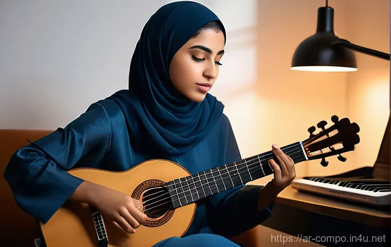 작곡가의 온라인 브랜드 관리 - **Prompt:** A young Arab female musician, dressed in a contemporary yet modest long-sleeved top and ...