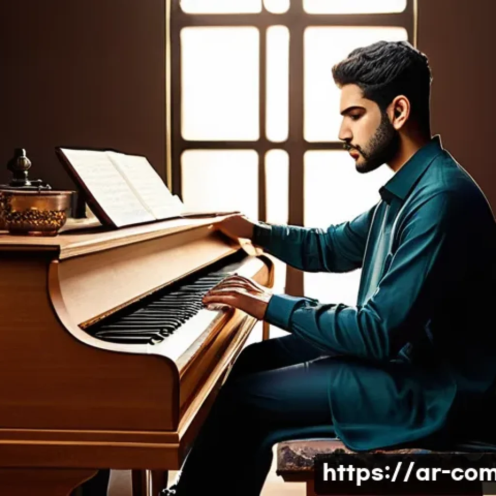 작곡가의 창작과 시장 분석 - **Prompt:** "A male Arab musician, aged late 20s, with a thoughtful and focused expression, is seate...