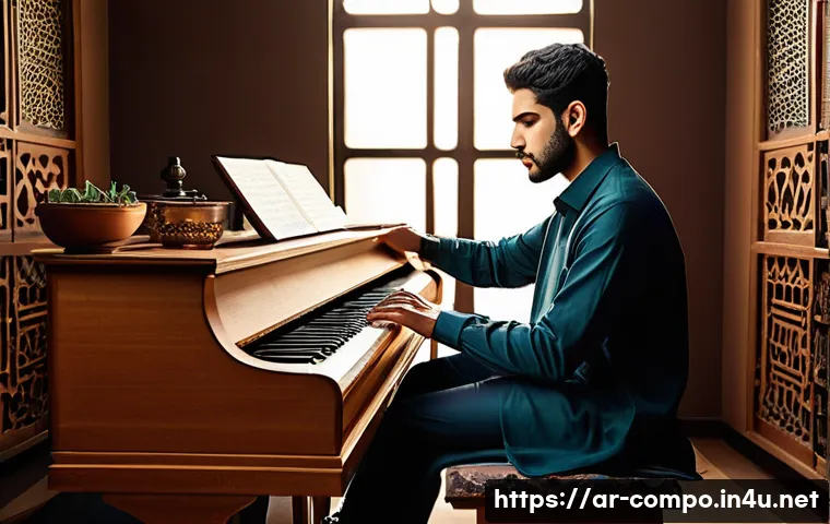 작곡가의 창작과 시장 분석 - **Prompt:** "A male Arab musician, aged late 20s, with a thoughtful and focused expression, is seate...