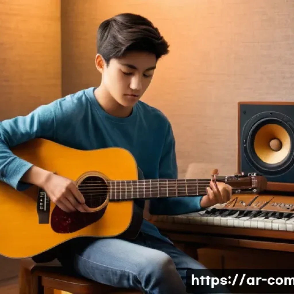 작곡가 실기 테스트 준비하기 - **Prompt:** A young musician, around 16 years old, intensely focused on practicing an acoustic guita...
