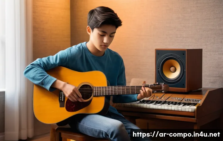 작곡가 실기 테스트 준비하기 - **Prompt:** A young musician, around 16 years old, intensely focused on practicing an acoustic guita...