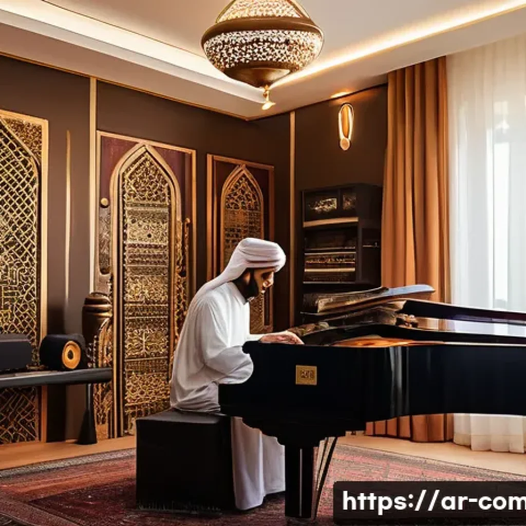작곡가의 작품 완성도를 높이는 방법 - A modern Arabic music composer&rsquo;s studio, featuring a middle-aged man wearing traditional light cotto...