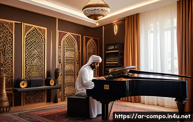 작곡가의 작품 완성도를 높이는 방법 - A modern Arabic music composer&rsquo;s studio, featuring a middle-aged man wearing traditional light cotto...