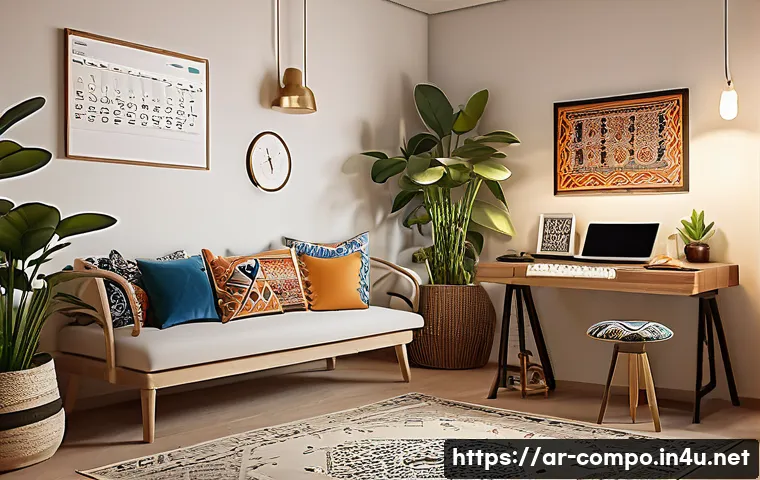 작곡가의 직무 스트레스 관리 - A serene home music studio designed for an Arabic composer, featuring a cozy corner with soft warm l...