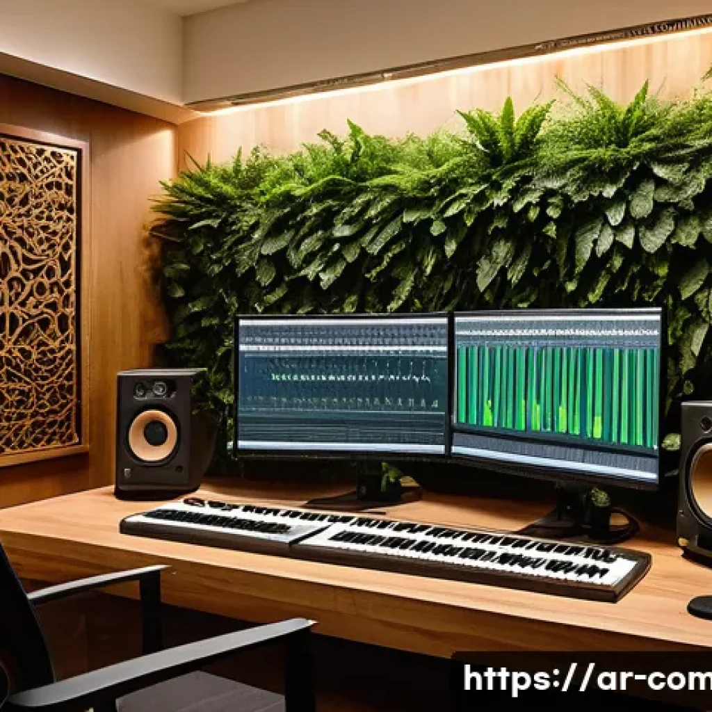 작곡가 창작환경 개선하기 - A serene, modern music studio interior designed for Arabic composers, featuring advanced soundproofi...