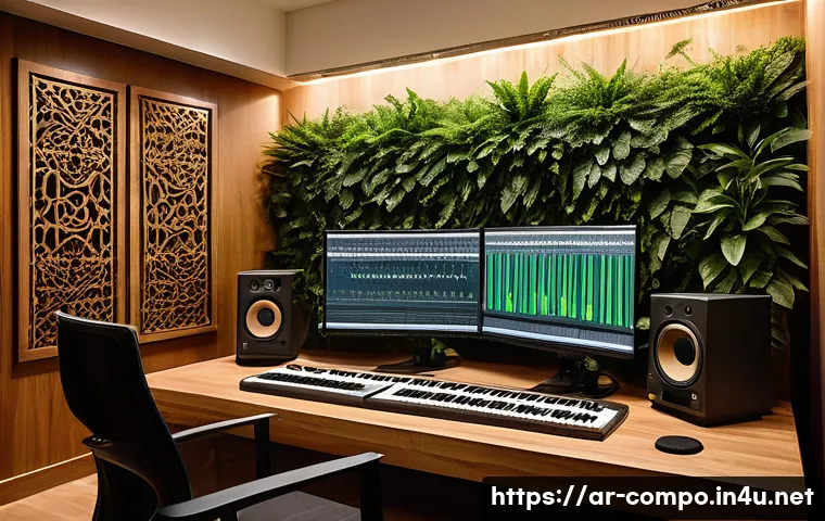 작곡가 창작환경 개선하기 - A serene, modern music studio interior designed for Arabic composers, featuring advanced soundproofi...