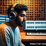 작곡가로서 성공적인 업무 수행 - A modern music production studio scene showcasing a young Arab male music composer wearing casual at...