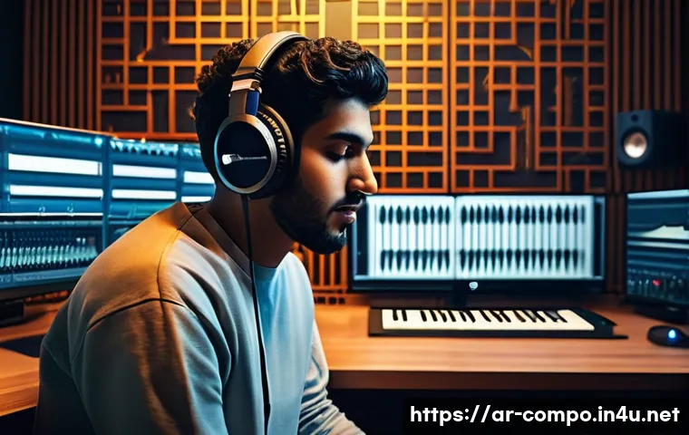 작곡가로서 성공적인 업무 수행 - A modern music production studio scene showcasing a young Arab male music composer wearing casual at...