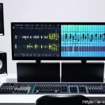 작곡가로서의 지속적인 학습 - A modern Arabic music composer in a contemporary studio filled with advanced AI music generation sof...
