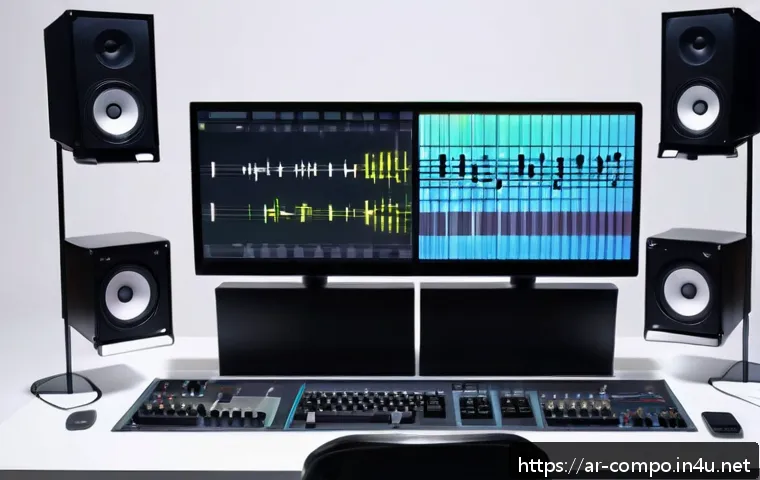 작곡가로서의 지속적인 학습 - A modern Arabic music composer in a contemporary studio filled with advanced AI music generation sof...