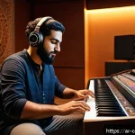작곡가 커리어 패스 - A creative Arabic music composer in a modern studio surrounded by traditional and electronic musical...