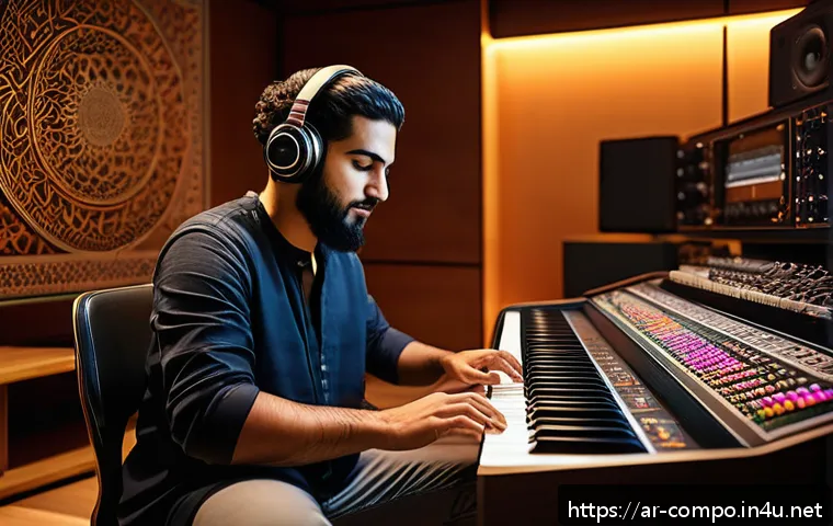 작곡가 커리어 패스 - A creative Arabic music composer in a modern studio surrounded by traditional and electronic musical...