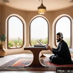 작곡가의 작업 환경 최적화 - A serene and inspiring Arabic-style home music studio designed for a composer, featuring traditional...