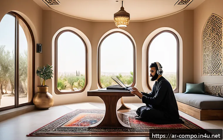 작곡가의 작업 환경 최적화 - A serene and inspiring Arabic-style home music studio designed for a composer, featuring traditional...