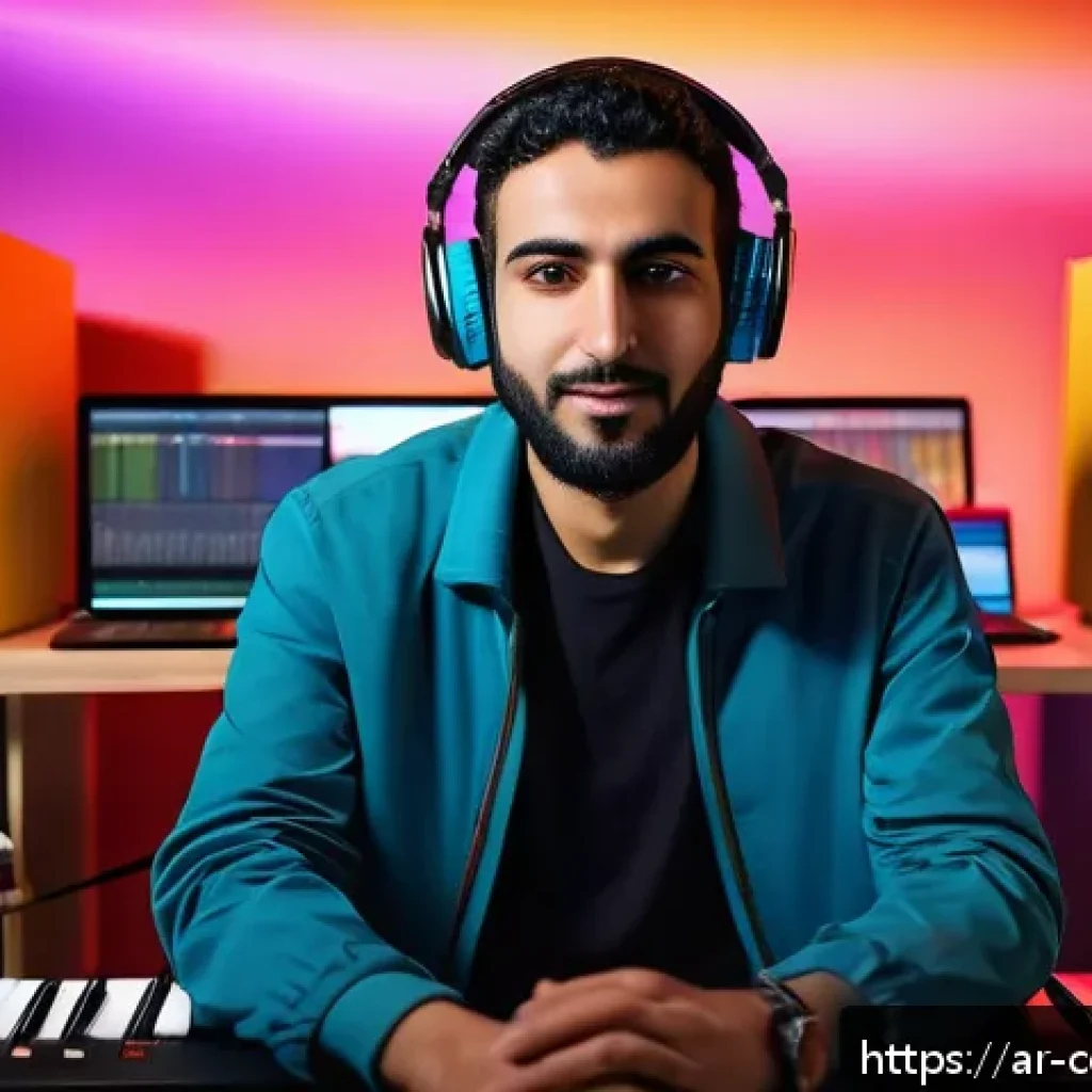 작곡가 이직을 위한 준비 사항 - A modern Arab music composer working in a cozy, high-tech home studio, surrounded by digital audio w...