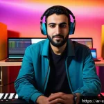 작곡가 이직을 위한 준비 사항 - A modern Arab music composer working in a cozy, high-tech home studio, surrounded by digital audio w...