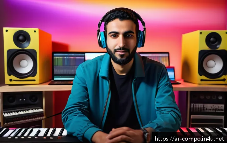 작곡가 이직을 위한 준비 사항 - A modern Arab music composer working in a cozy, high-tech home studio, surrounded by digital audio w...