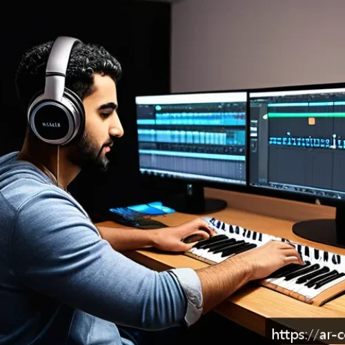 작곡가의 음악 시장 변화 - A modern home music production studio scene featuring an Arab male music producer in his 30s, workin...