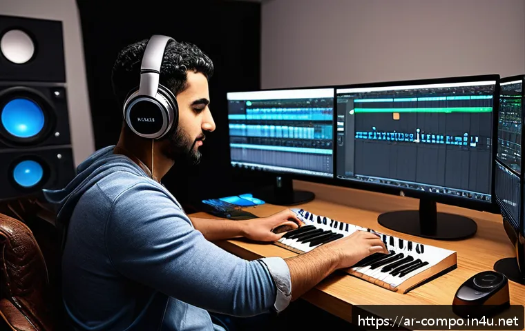 작곡가의 음악 시장 변화 - A modern home music production studio scene featuring an Arab male music producer in his 30s, workin...