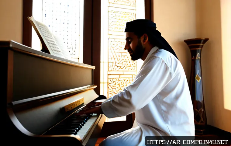 작곡가 연습법 및 루틴 - Photorealistic Arab composer in a calm sunlit home studio, seated at an upright piano with handwritt...