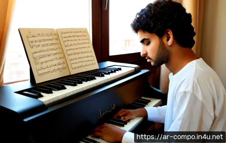 작곡가로서의 첫 번째 작품 만들기 - Photorealistic young Arab composer creating their first original musical piece at a tidy home studio...